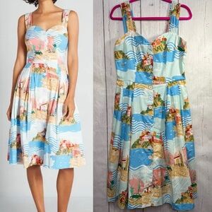 Emily and Fin Coastal Button Front Midi Sundress Blue Multicolor Cottagecore